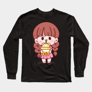 Cute kid girl holding bubble milk tea Long Sleeve T-Shirt